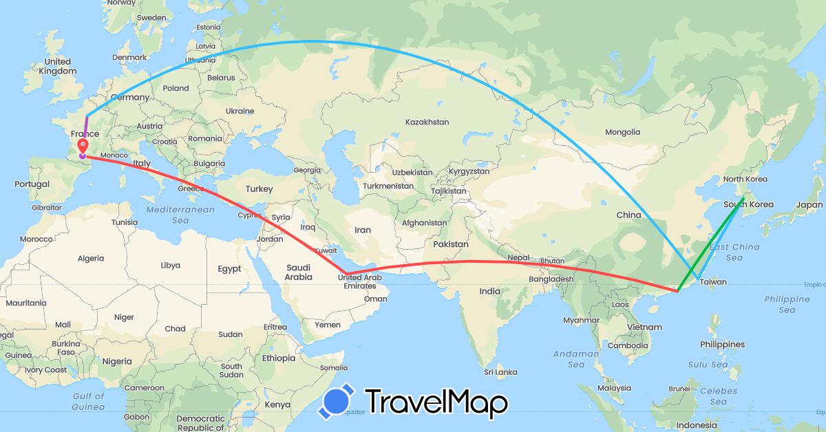 TravelMap itinerary: driving, bus, train, hiking, boat in China, France, South Korea, Qatar (Asia, Europe)